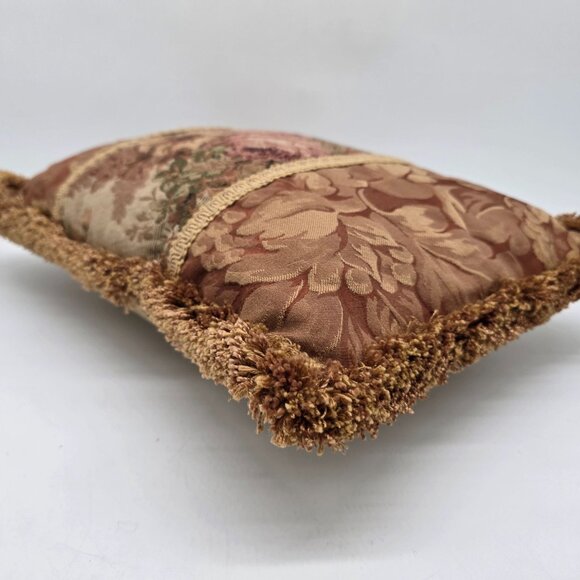 Vintage Aubusson style Tapestry Floral Rectangular Throw Pillow with Gold Fringe - Picture 9 of 11
